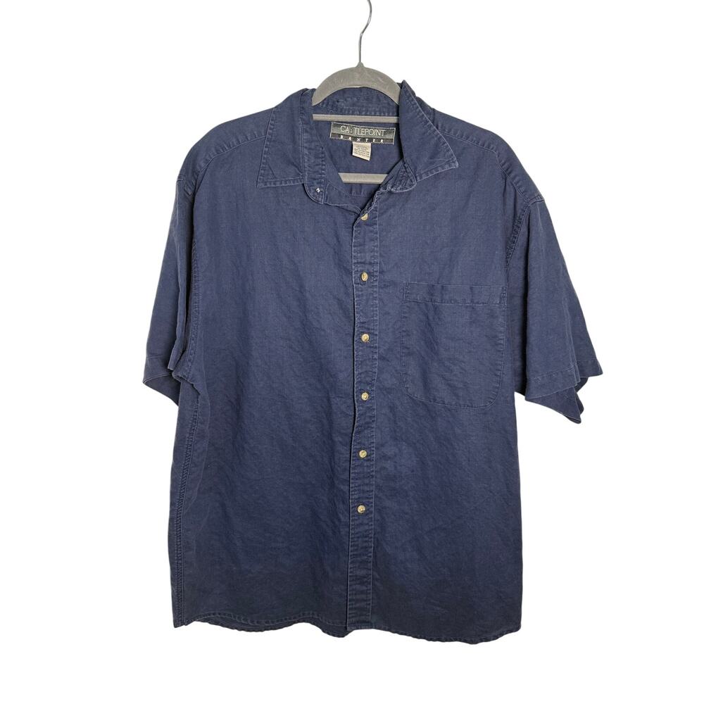Vintage 90s Camp Shirt Men's Large Linen Blend Blue Short Sleeve